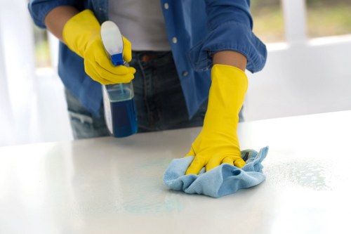 Cleaner wearing PPE during a safety-conscious cleaning task
